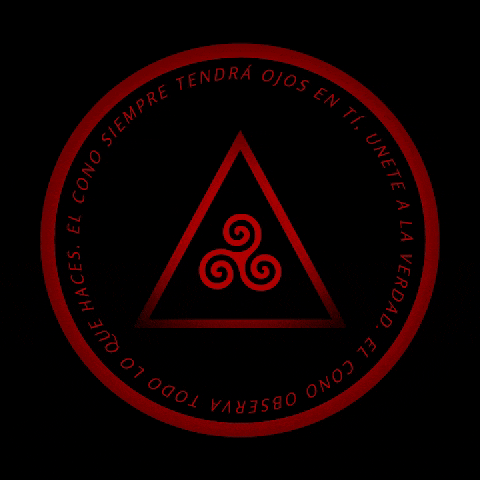 a red circle with a triangle in the center and the words " el cono siempre tendra ojos en ti " around it