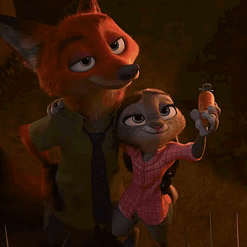 a fox and a rabbit standing next to each other holding a carrot