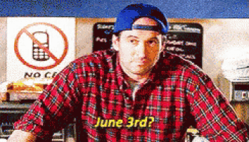 a man in a plaid shirt says june 3rd in front of a no cell phones sign