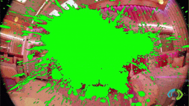 a person is holding a blue glove in front of a green splash of paint