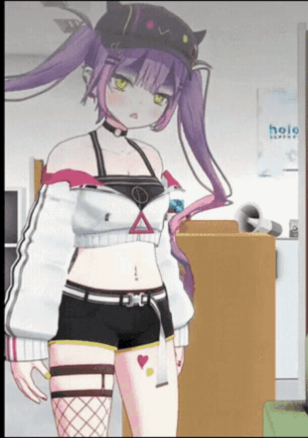 a girl with purple hair is standing in a room with a poster that says holo
