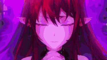 a close up of a red haired anime character with blue eyes