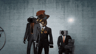 a man with a top hat on his head stands next to two other men in suits