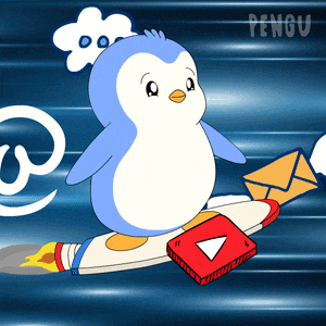 a penguin is flying on a rocket with an envelope on its foot
