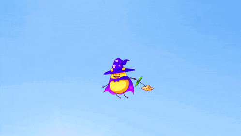 a cartoon character in a purple hat is flying through a heart shaped glowing circle