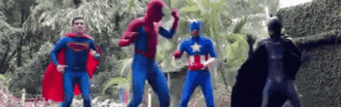 a group of superheros are standing next to each other in a park .