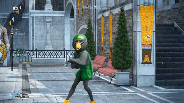 a video game screen shows a bird wearing a green outfit