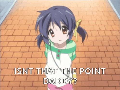 a little girl is standing on a brick sidewalk with the words isnt that the point daddy