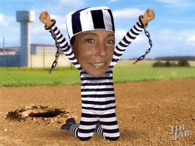 a cartoon of a woman in a jail uniform with her hands chained