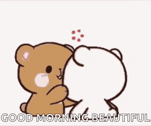 a brown and white teddy bear hugging each other with hearts around them .