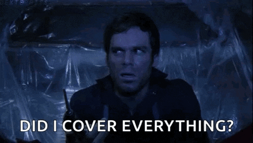 a man is holding a knife in his hand and says `` did i cover everything '' .