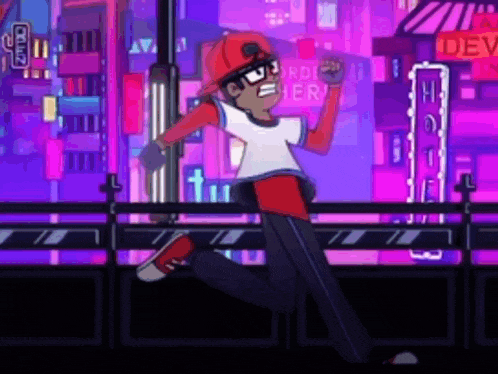 a cartoon character is running over a fence in front of a neon city .