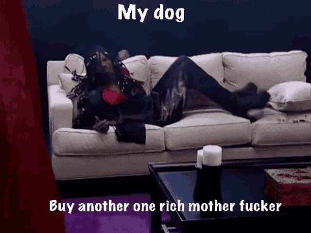 a woman is laying on a couch with the words " my dog " above her