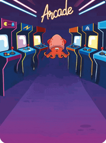 a cartoon illustration of an octopus in an arcade with a sign above it that says arcade