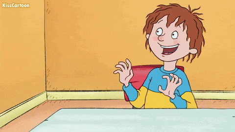 a boy in a blue and yellow shirt is waving his hand in a kisscartoon cartoon