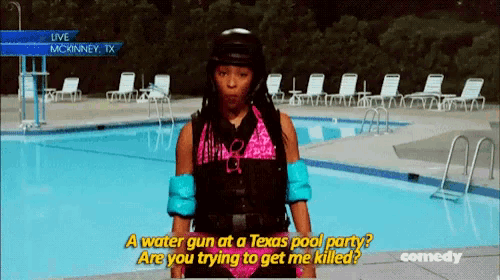 a woman is standing in front of a swimming pool with the words " a water gun at a texas pool party " on the bottom