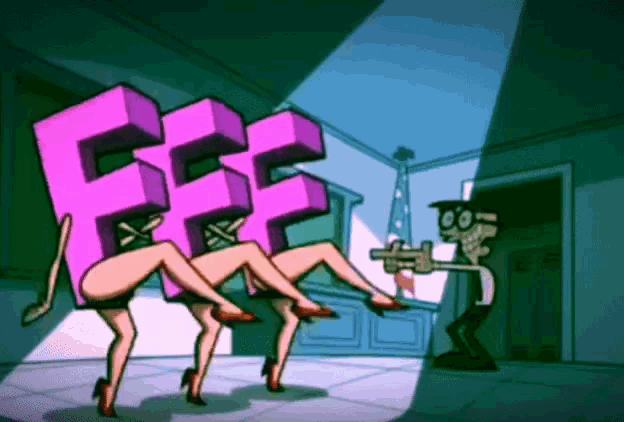 a cartoon of a man holding a gun in front of a group of women with the letter ff on their heads