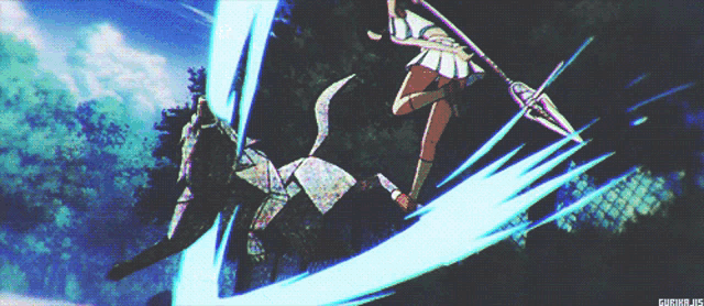 a girl is holding a spear and a sword in her hand while another girl is standing behind her