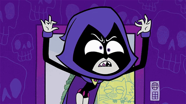 a cartoon character with a purple hood is standing in front of a skull wall