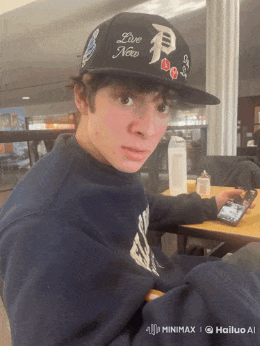 a boy wearing a hat that says " live now "