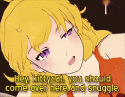 a cartoon of a girl with purple eyes and the words hey kittycat you should come over here and snuggle