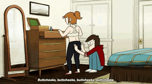 a cartoon shows a woman standing next to a man sitting on a bed and saying buttcheeks