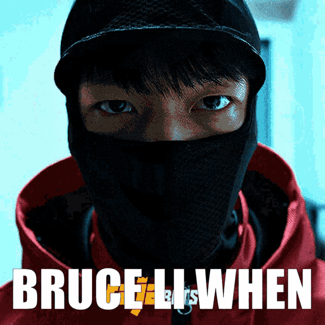 a man wearing a black mask and a red jacket with the words bruce ii when
