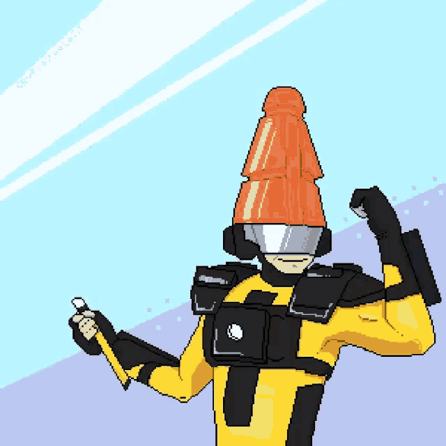 a pixel art drawing of a man with a cone hat on his head