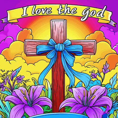 a cross with a blue bow and the words " i love the god "