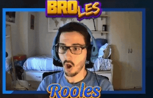 a man wearing glasses and headphones with the words broles rooles on the bottom