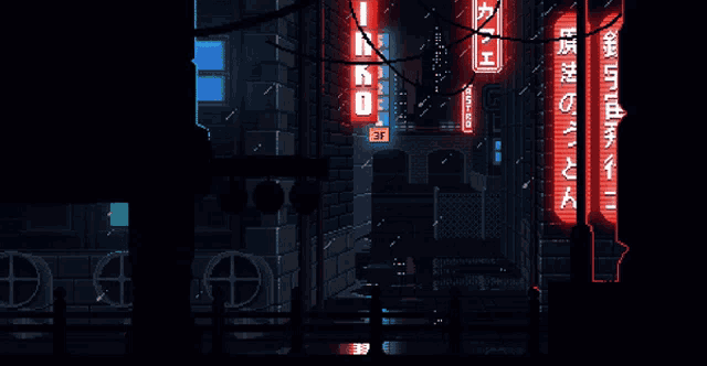 a pixel art of a city with a sign that says ' 3f ' on it