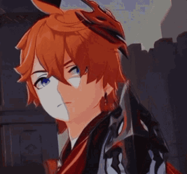 a close up of a anime character with orange hair