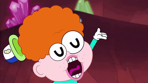 a cartoon character with red hair and glasses has the letter u in his eyes