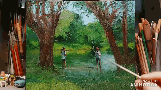 a painting of two people fishing with the words made in animatica below them