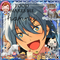 a picture of a boy with the words food makes me happy on it