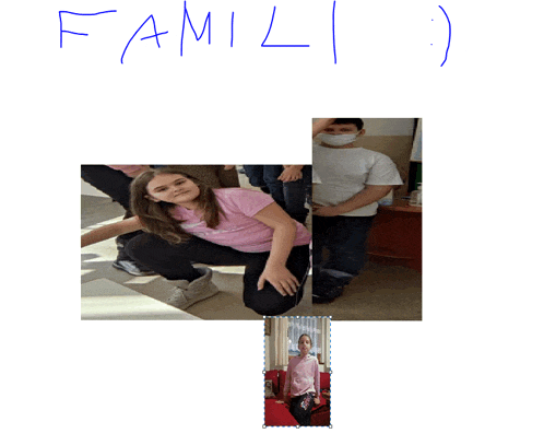 a girl in a pink shirt is kneeling down with the word family written in blue