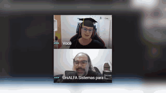 a woman in a graduation cap and gown is talking to a man on a video call