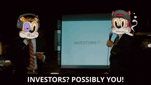 two cartoon characters are standing in front of a screen that says " investors "