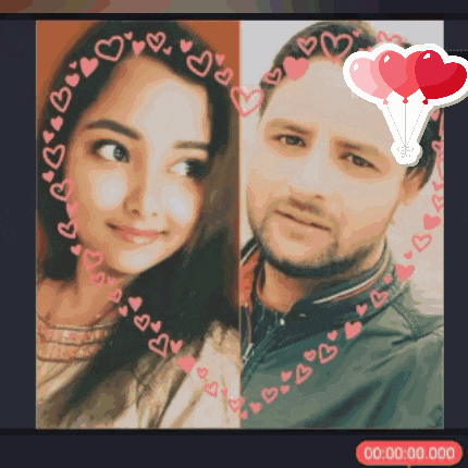 a man and a woman are surrounded by pink hearts and balloons