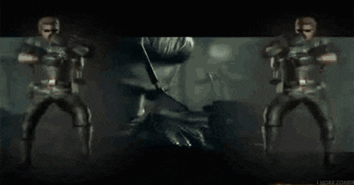 a video game character is standing in a dark room holding a gun and talking on a cell phone .