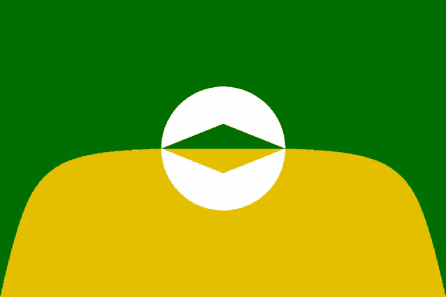 a green and yellow flag with a white circle with a triangle in the middle