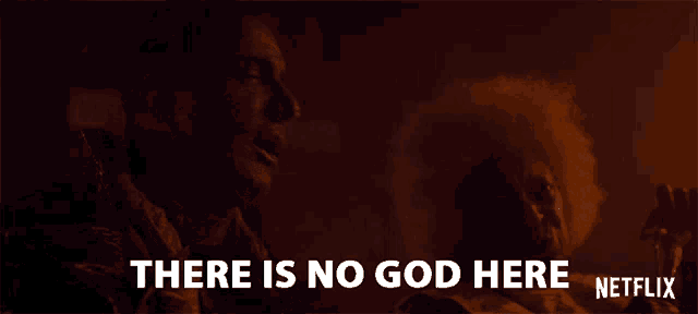 a poster for netflix shows a man with red eyes and says there is no god here