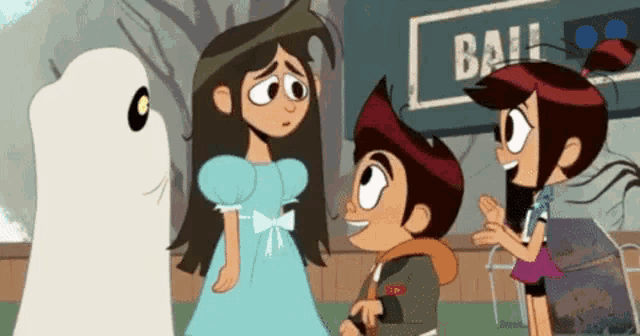 a group of cartoon characters standing next to each other in front of a sign that says bail .