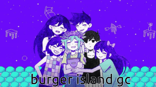 a group of anime characters on a purple background with the words burger island gc written on the bottom