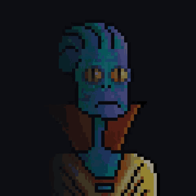 a pixel art drawing of a purple alien with yellow eyes