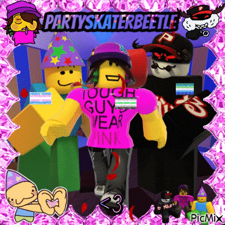 a group of roblox characters with the name partyskaterbeetle on the top
