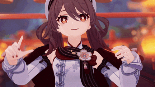 a girl with long brown hair and red eyes is making a peace sign with her hands