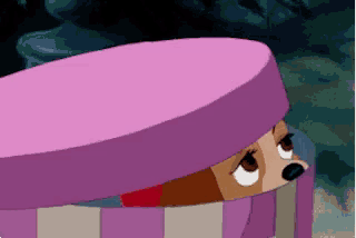 a cartoon dog is peeking out of a pink hat