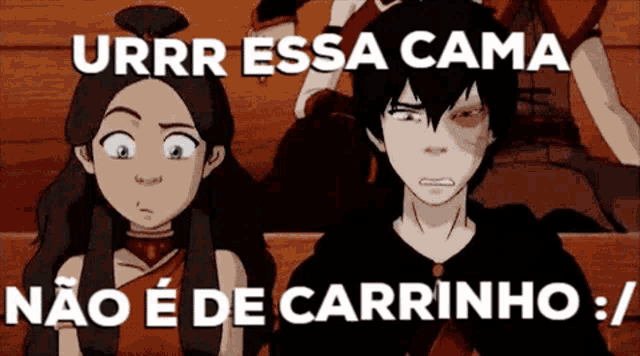 a cartoon of a girl and a boy with the words urrr essa cama on the bottom