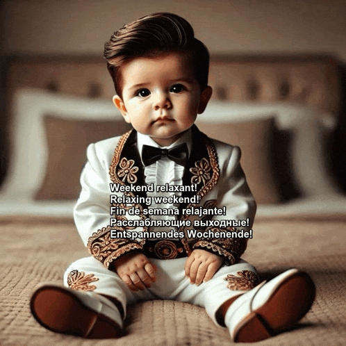 a baby in a tuxedo sits on a bed with the words weekend relaxant written above him